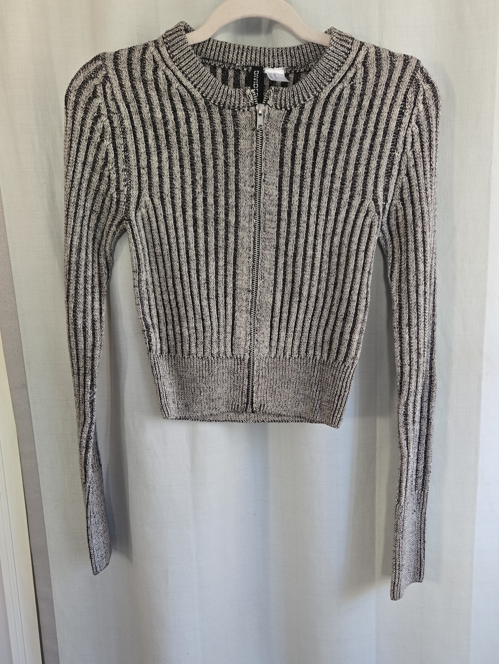 H&M Divided Ribbed Zip Up Cropped Cardigan Sweater Gray Black Marl XS